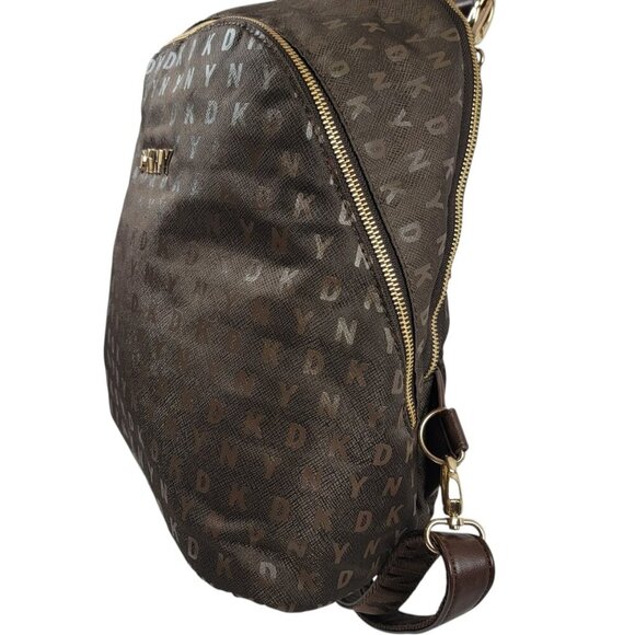 DKNY Logo Monogram Backpack | Brown Faux Leather Bookbag - Picture 4 of 8